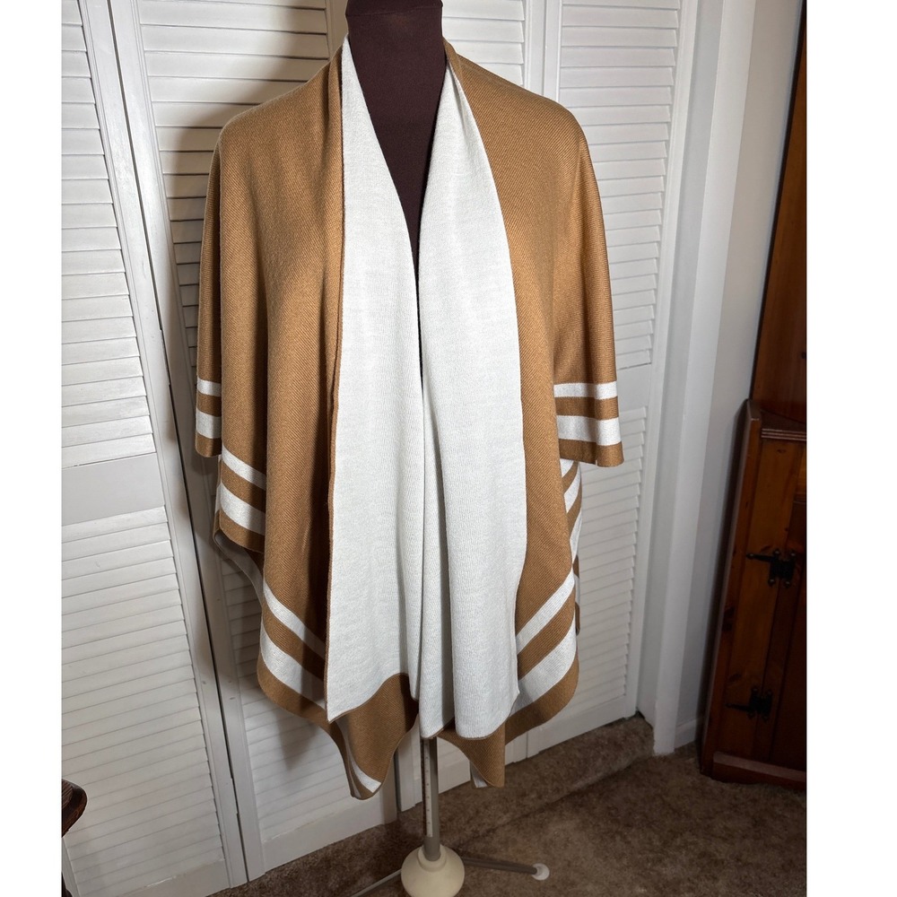 Lauren Ralph Lauren Camel Tan Cream Striped Knit Wrap Poncho Shawl One Size